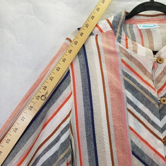 National Linen Tunic L Button Up Camp Shirt Chevron Mandarin Collar Wood Button - Picture 14 of 16